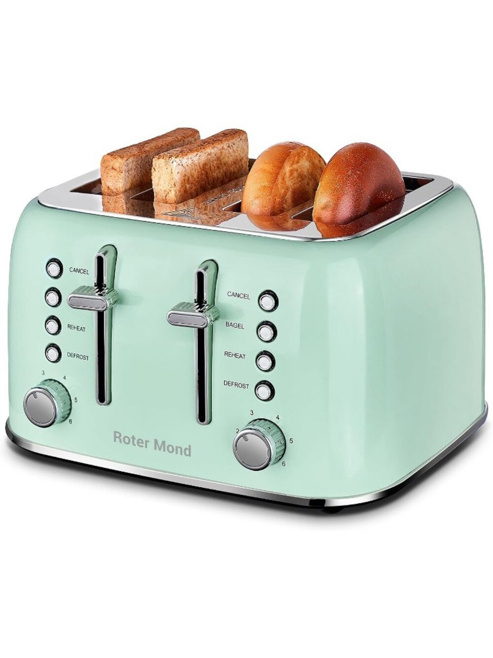 4 Slice Mint Green Retro Stainless Steel with Extra Wide Slots Bagel Toaster